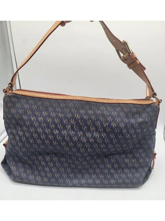 Dooney & Bourke Blue Denim Logo Brocade Shoulder Bag Brown Leather Red Interior - Picture 3 of 13